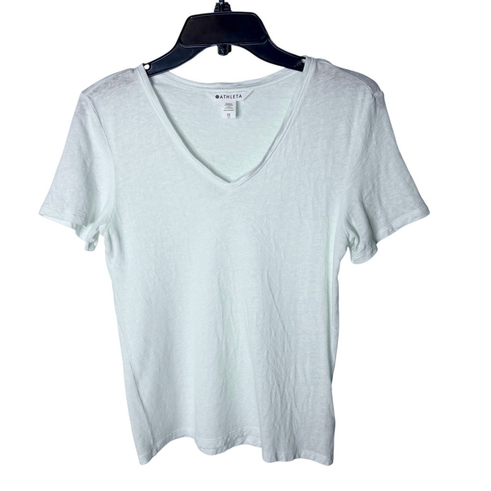 Athleta White Linen V-Neck Short Sleeve T-Shirt Tee Size XS